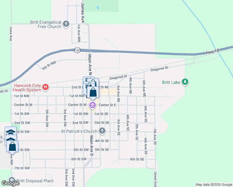 map of restaurants, bars, coffee shops, grocery stores, and more near 101-199 3rd Avenue Northeast in Britt