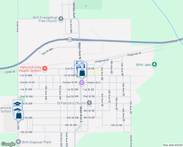 map of restaurants, bars, coffee shops, grocery stores, and more near 100-198 2nd Avenue Northeast in Britt