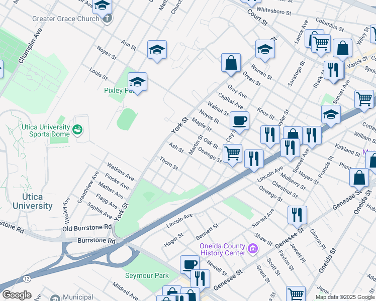 map of restaurants, bars, coffee shops, grocery stores, and more near 1302 Ash St in Utica
