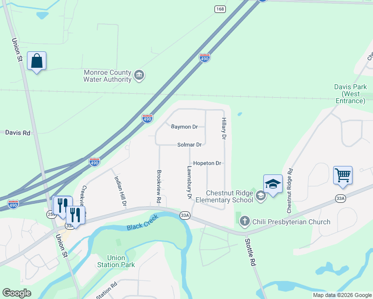 map of restaurants, bars, coffee shops, grocery stores, and more near 17 Solmar Drive in Rochester