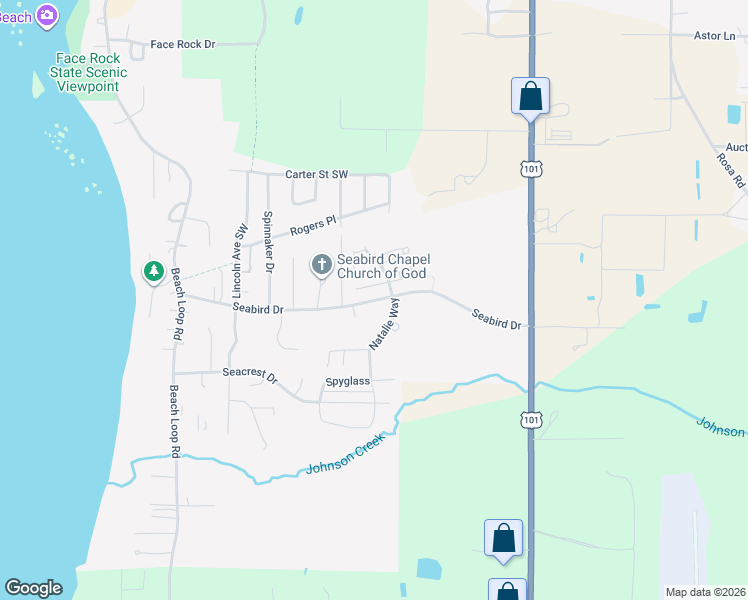 map of restaurants, bars, coffee shops, grocery stores, and more near Seabird Drive in Bandon