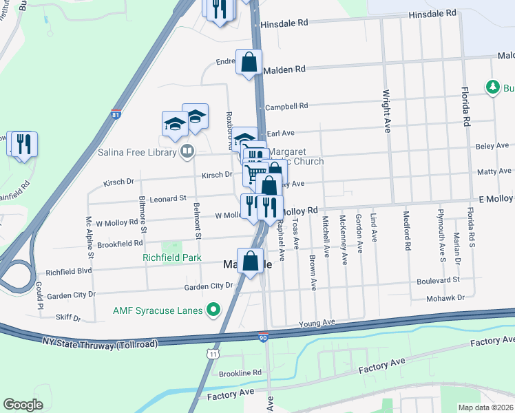 map of restaurants, bars, coffee shops, grocery stores, and more near 2217 Brewerton Road in Syracuse