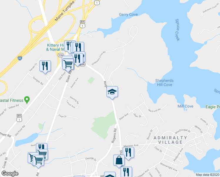 map of restaurants, bars, coffee shops, grocery stores, and more near 132 Rogers Road in Kittery
