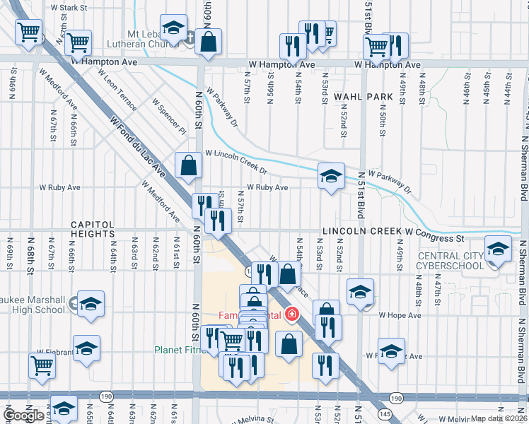 map of restaurants, bars, coffee shops, grocery stores, and more near 4434 North 56th Street in Milwaukee