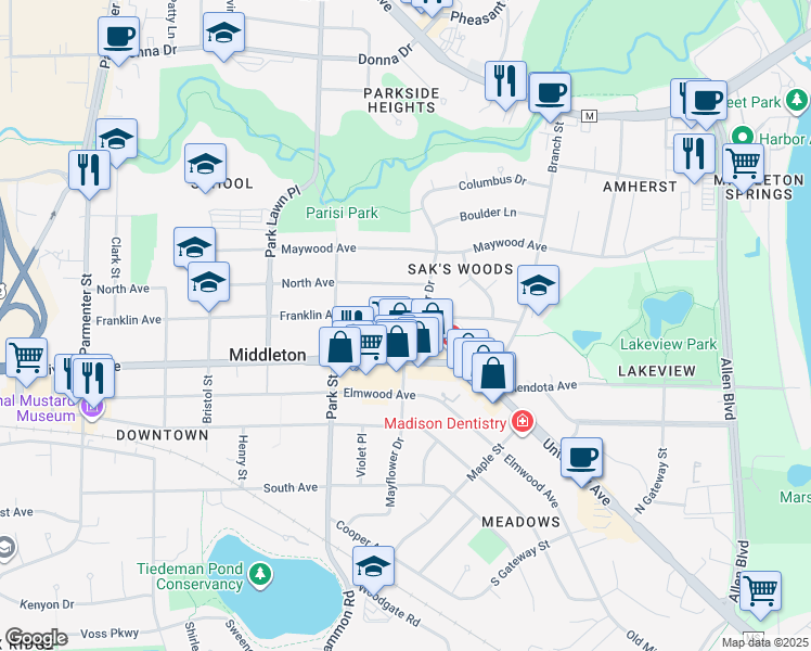 map of restaurants, bars, coffee shops, grocery stores, and more near 6715 Franklin Ave in Middleton