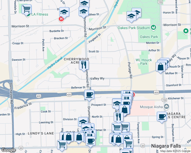 map of restaurants, bars, coffee shops, grocery stores, and more near 6131 Valley Way in Niagara Falls