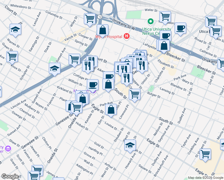 map of restaurants, bars, coffee shops, grocery stores, and more near 283 Genesee Street in Utica