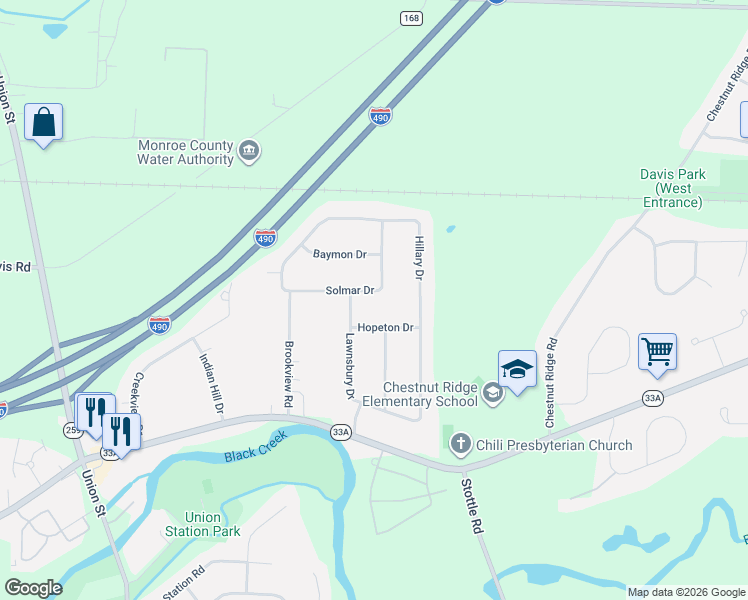 map of restaurants, bars, coffee shops, grocery stores, and more near 23 Solmar Drive in Rochester