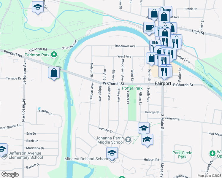 map of restaurants, bars, coffee shops, grocery stores, and more near 3 Miles Avenue in Fairport