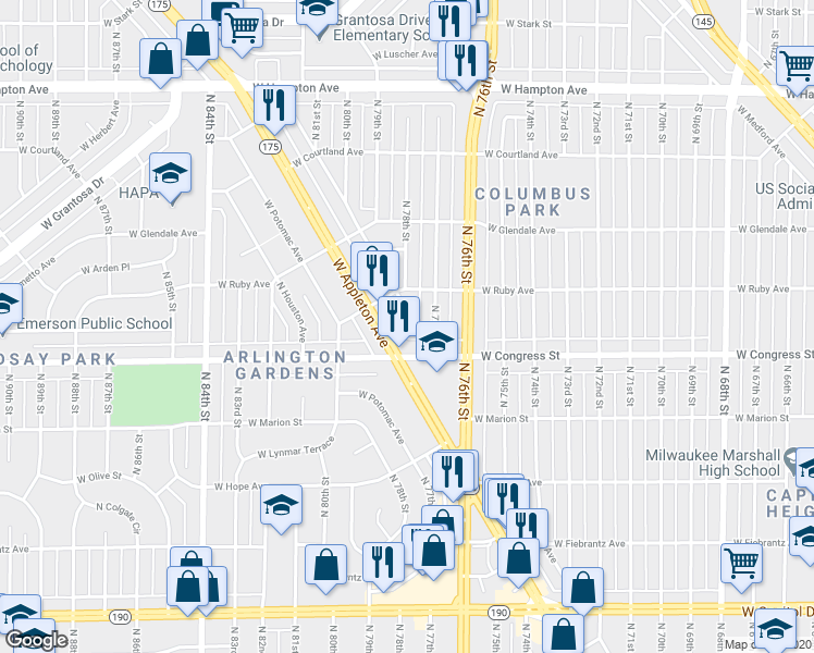 map of restaurants, bars, coffee shops, grocery stores, and more near 7727 West Beckett Avenue in Milwaukee
