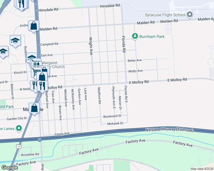 map of restaurants, bars, coffee shops, grocery stores, and more near 408 East Molloy Road in Mattydale