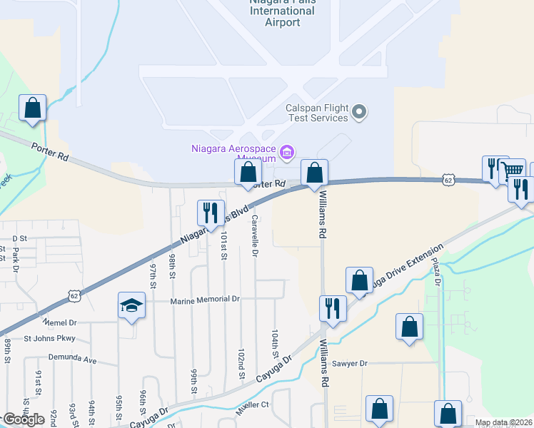 map of restaurants, bars, coffee shops, grocery stores, and more near 10175 Niagara Falls Boulevard in Niagara Falls