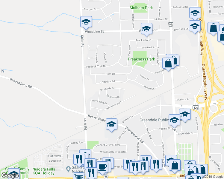 map of restaurants, bars, coffee shops, grocery stores, and more near 8064 Brookside Drive in Niagara Falls