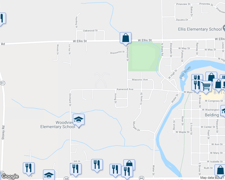 map of restaurants, bars, coffee shops, grocery stores, and more near 1211 Kenwood Avenue in Belding