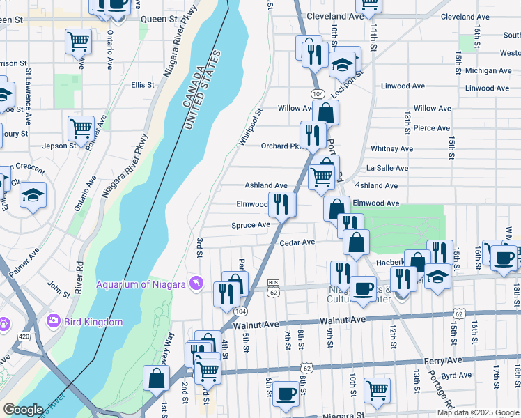map of restaurants, bars, coffee shops, grocery stores, and more near 621 Elmwood Ave in Niagara Falls