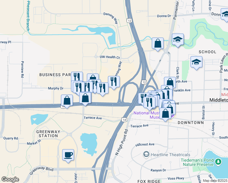 map of restaurants, bars, coffee shops, grocery stores, and more near 2237 Deming Way in Middleton