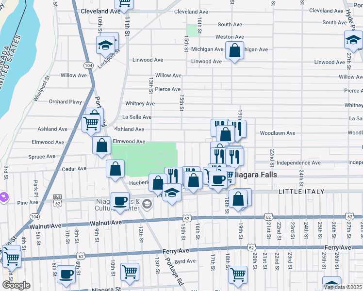 map of restaurants, bars, coffee shops, grocery stores, and more near 836 15th Street in Niagara Falls