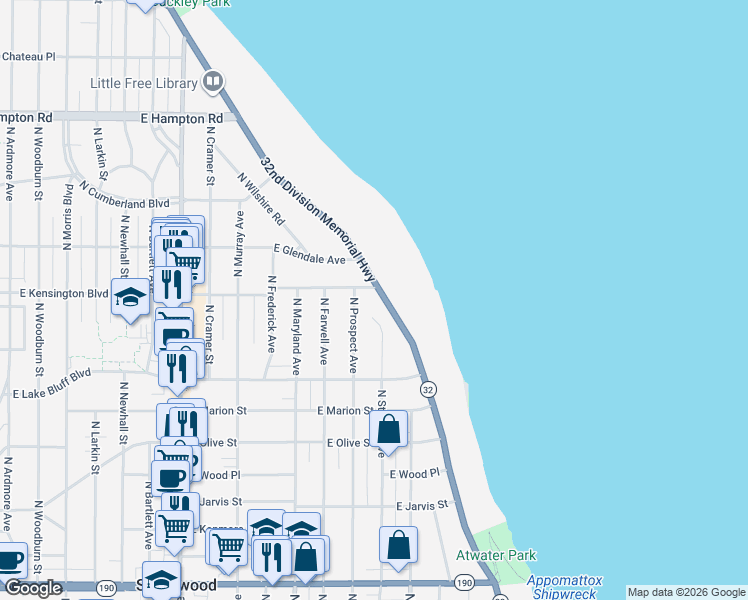 map of restaurants, bars, coffee shops, grocery stores, and more near 4485 North Lake Drive in Shorewood