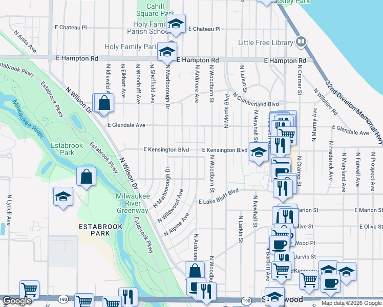 map of restaurants, bars, coffee shops, grocery stores, and more near 1207 East Kensington Boulevard in Shorewood