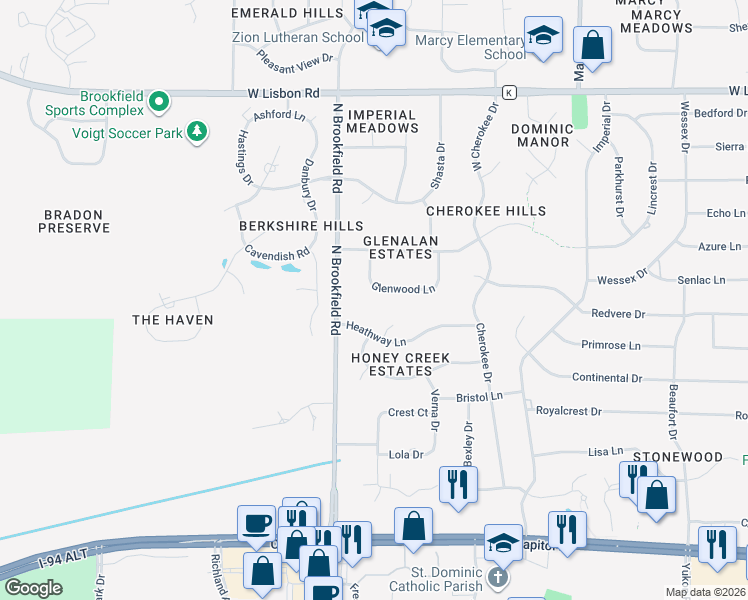 map of restaurants, bars, coffee shops, grocery stores, and more near 18655 Glenwood Lane in Brookfield