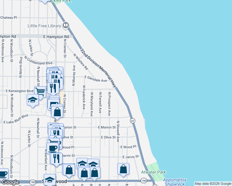 map of restaurants, bars, coffee shops, grocery stores, and more near 4485 North Lake Drive in Shorewood