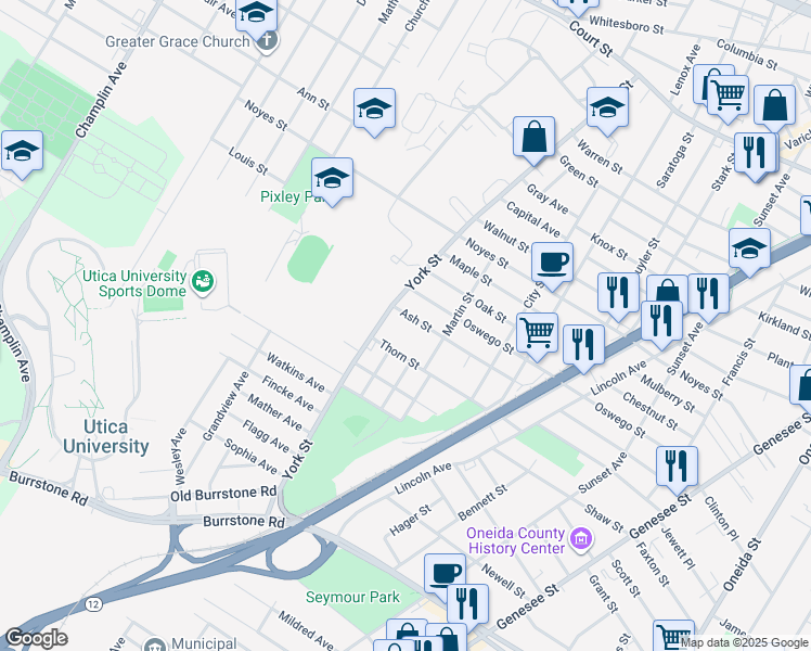 map of restaurants, bars, coffee shops, grocery stores, and more near 1321 Ash St in Utica