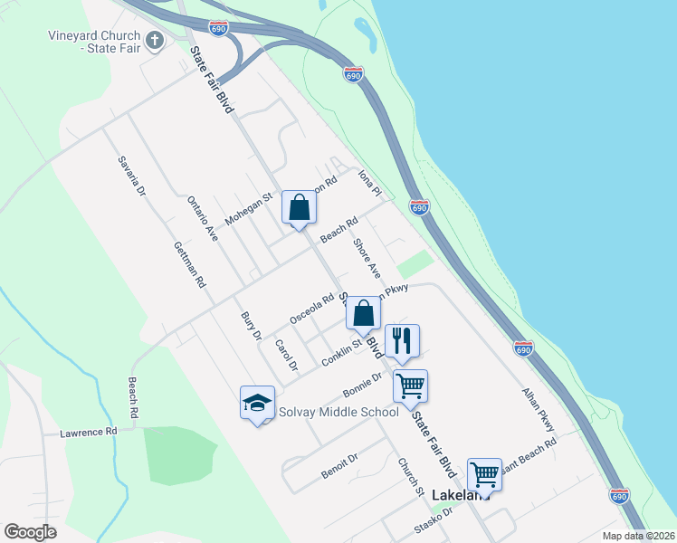 map of restaurants, bars, coffee shops, grocery stores, and more near 960 State Fair Boulevard in Syracuse