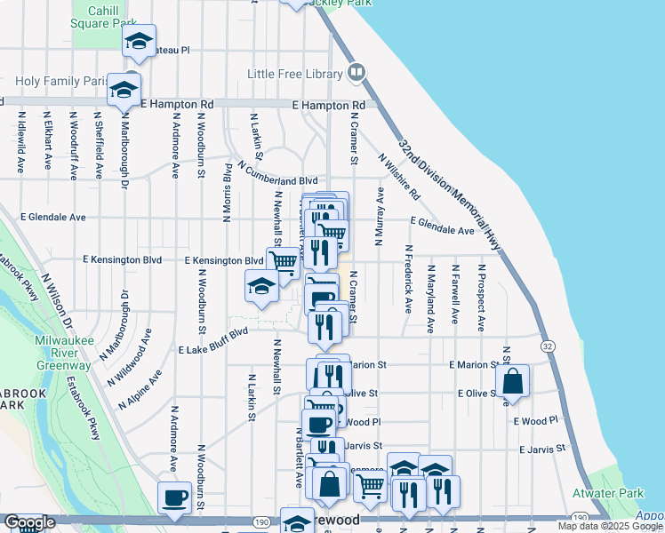 map of restaurants, bars, coffee shops, grocery stores, and more near 4483 North Cramer Street in Shorewood