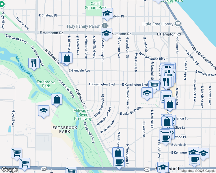 map of restaurants, bars, coffee shops, grocery stores, and more near 1101 East Kensington Boulevard in Shorewood