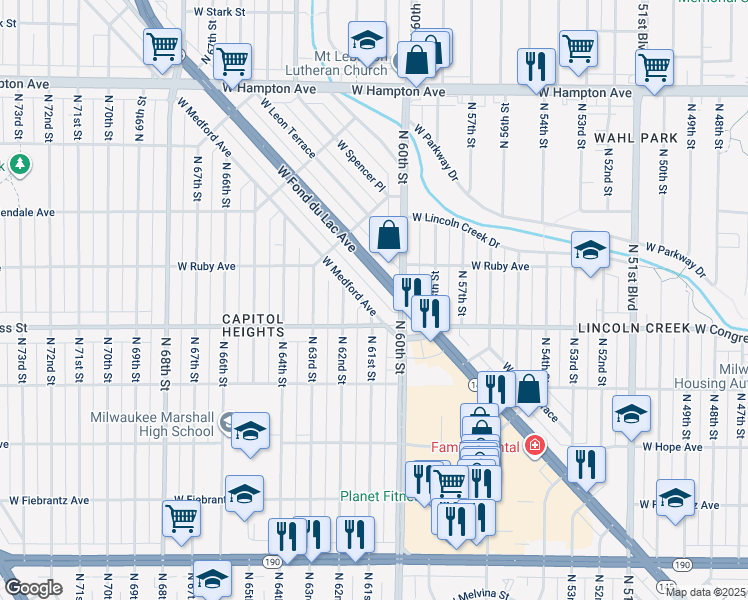 map of restaurants, bars, coffee shops, grocery stores, and more near 6116 West Medford Avenue in Milwaukee