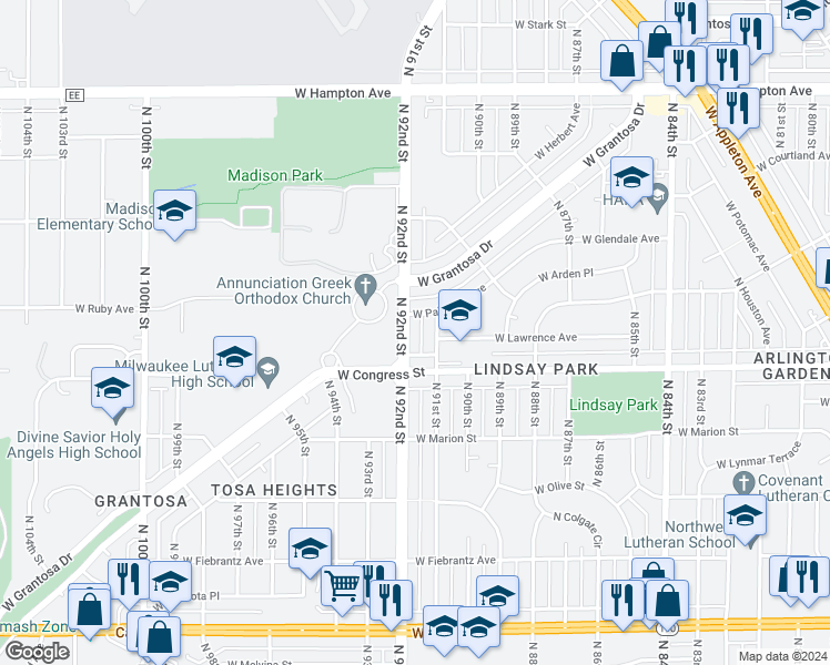 map of restaurants, bars, coffee shops, grocery stores, and more near 4436 North 92nd Street in Milwaukee