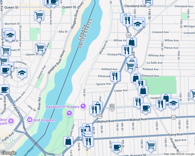 map of restaurants, bars, coffee shops, grocery stores, and more near 437 Elmwood Avenue in Niagara Falls