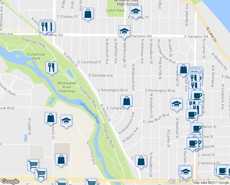 map of restaurants, bars, coffee shops, grocery stores, and more near 4451 North Sheffield Avenue in Milwaukee