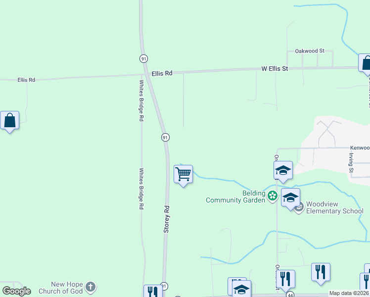 map of restaurants, bars, coffee shops, grocery stores, and more near 7620 Storey Road in Belding
