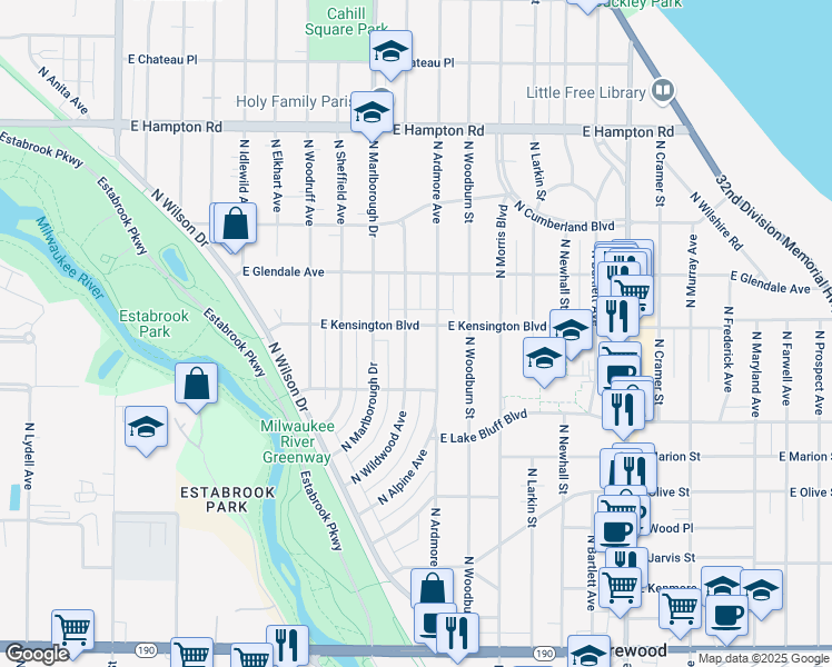 map of restaurants, bars, coffee shops, grocery stores, and more near 1207 East Kensington Boulevard in Shorewood