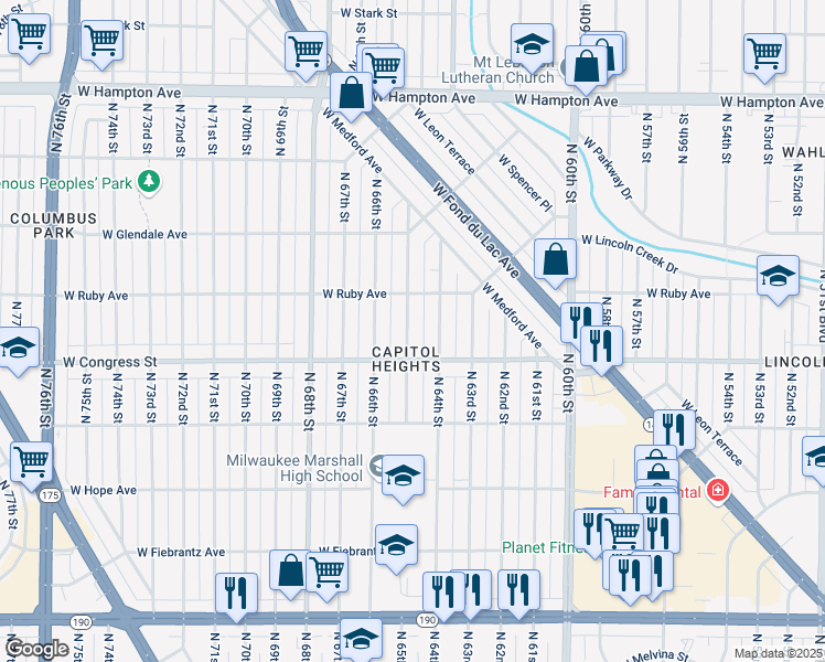map of restaurants, bars, coffee shops, grocery stores, and more near 4434 North 65th Street in Milwaukee