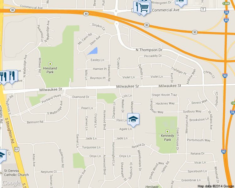 map of restaurants, bars, coffee shops, grocery stores, and more near 10 Walker Drive in Madison