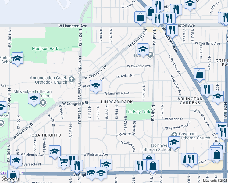 map of restaurants, bars, coffee shops, grocery stores, and more near 8808 West Lawrence Avenue in Milwaukee