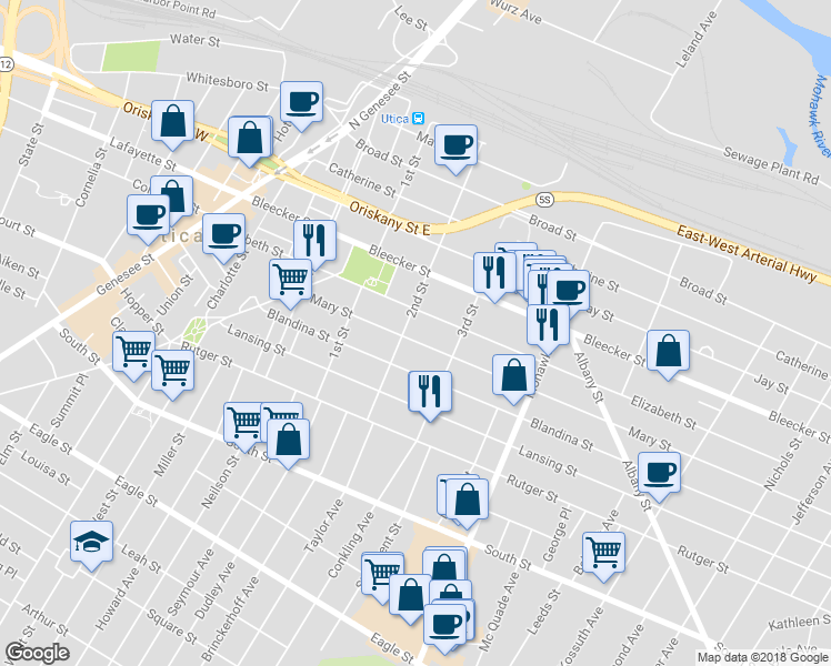 map of restaurants, bars, coffee shops, grocery stores, and more near 505 Mary Street in Utica