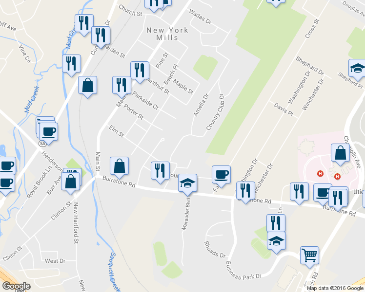 map of restaurants, bars, coffee shops, grocery stores, and more near 8 Country Club Dr in New York Mills