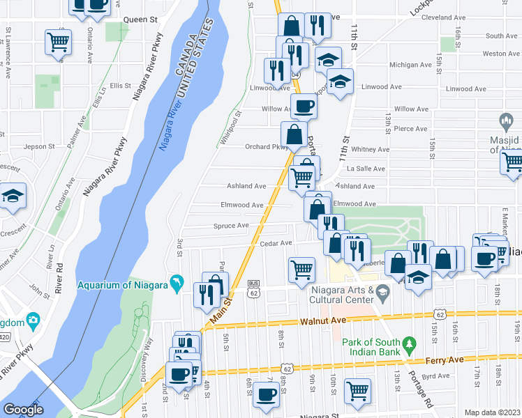 map of restaurants, bars, coffee shops, grocery stores, and more near 926 Main Street in Niagara Falls