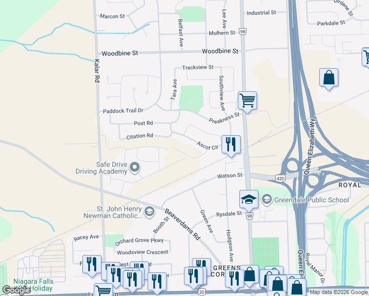 map of restaurants, bars, coffee shops, grocery stores, and more near 7897 Beaverton Boulevard in Niagara Falls