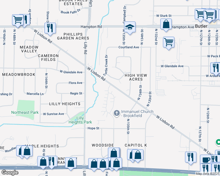 map of restaurants, bars, coffee shops, grocery stores, and more near 13635 West Lisbon Road in Brookfield