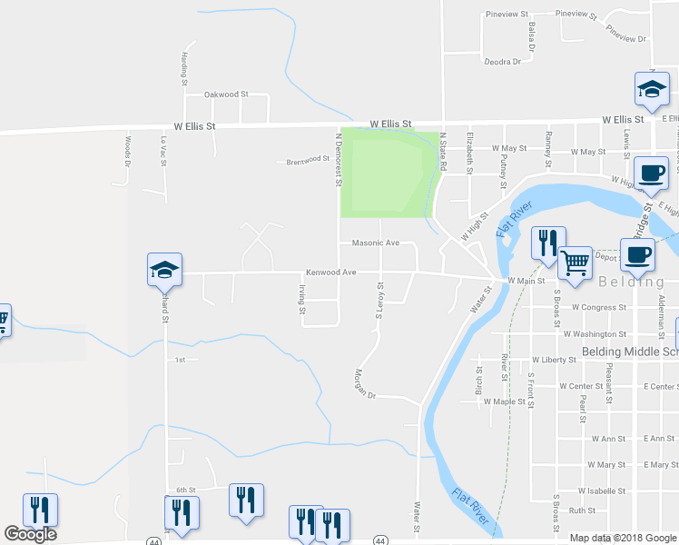 map of restaurants, bars, coffee shops, grocery stores, and more near 100 South Demorest Street in Belding