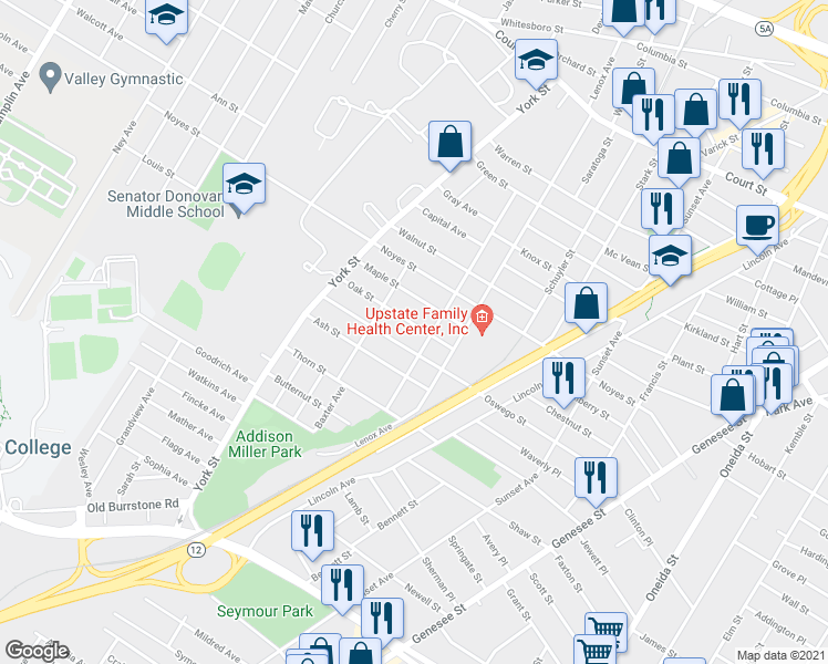 map of restaurants, bars, coffee shops, grocery stores, and more near 1203 Oak Street in Utica