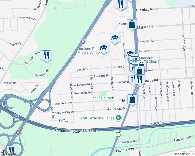 map of restaurants, bars, coffee shops, grocery stores, and more near 223 Leonard Street in Syracuse