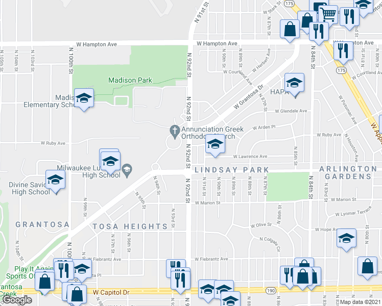 map of restaurants, bars, coffee shops, grocery stores, and more near 4452 N 92nd St in Milwaukee