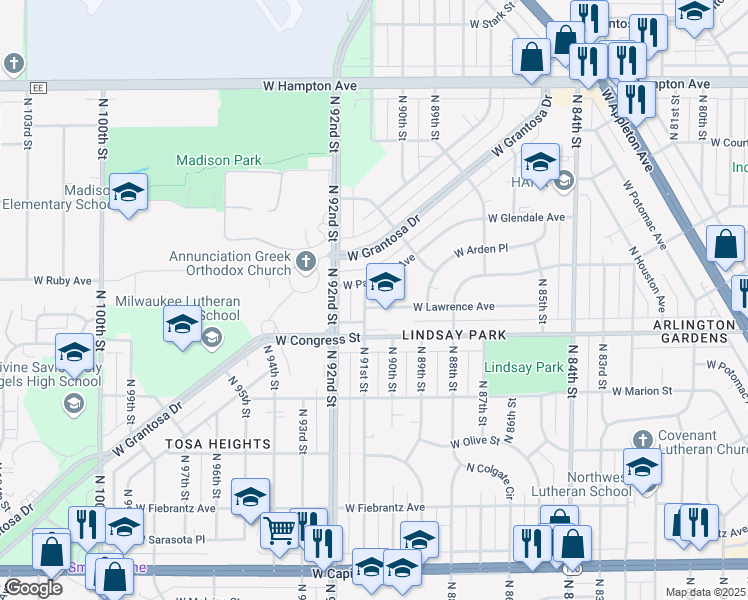 map of restaurants, bars, coffee shops, grocery stores, and more near 9026 West Lawrence Avenue in Milwaukee