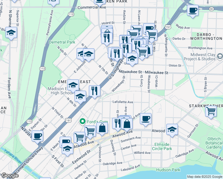 map of restaurants, bars, coffee shops, grocery stores, and more near 119 Division Street in Madison