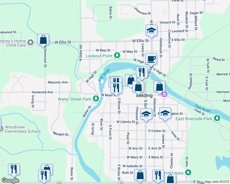 map of restaurants, bars, coffee shops, grocery stores, and more near 404 West Main Street in Belding